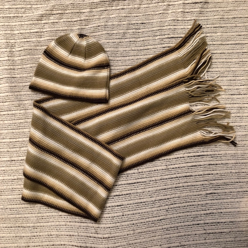 Brown / Tan Striped Scarf & Hat Set